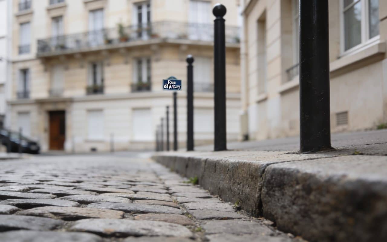 Rue pavée d'Antony avec immeuble résidentiel en arrière-plan