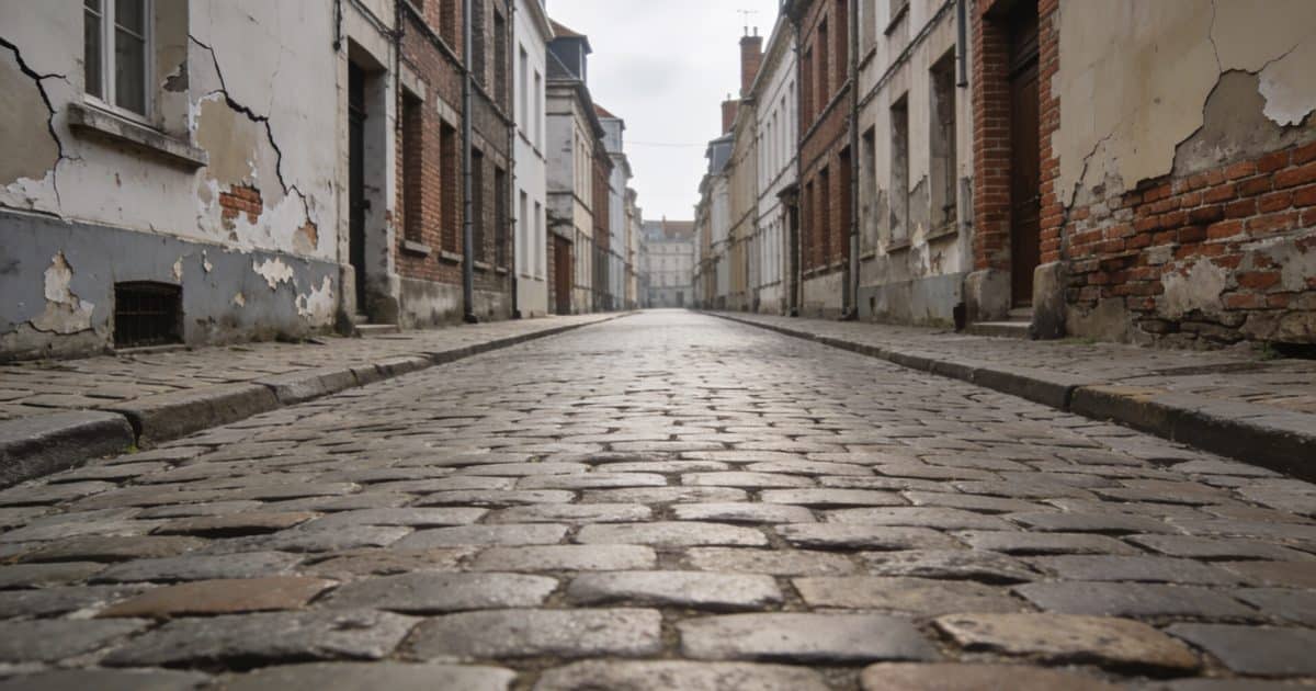 Rue pavée de Lille avec bâtiments délabidés et rues vides.