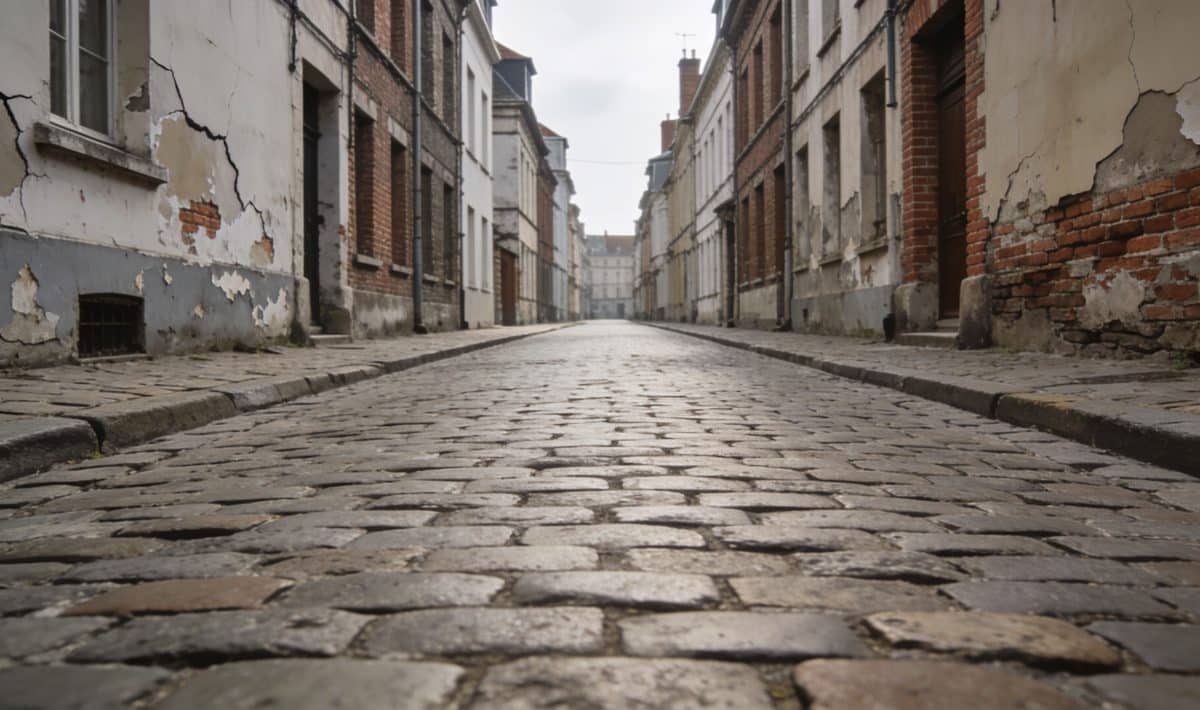 Rue pavée de Lille avec bâtiments délabidés et rues vides.