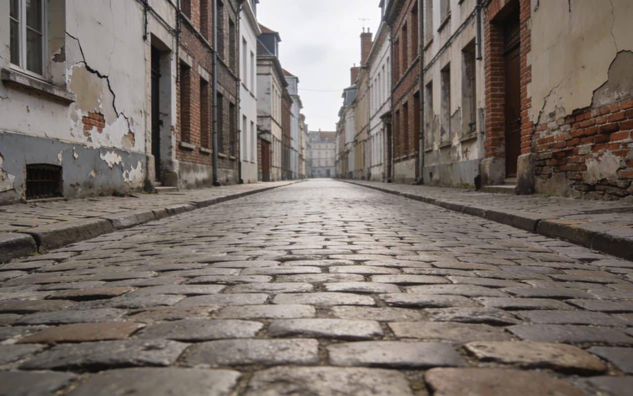 Rue pavée de Lille avec bâtiments délabidés et rues vides.