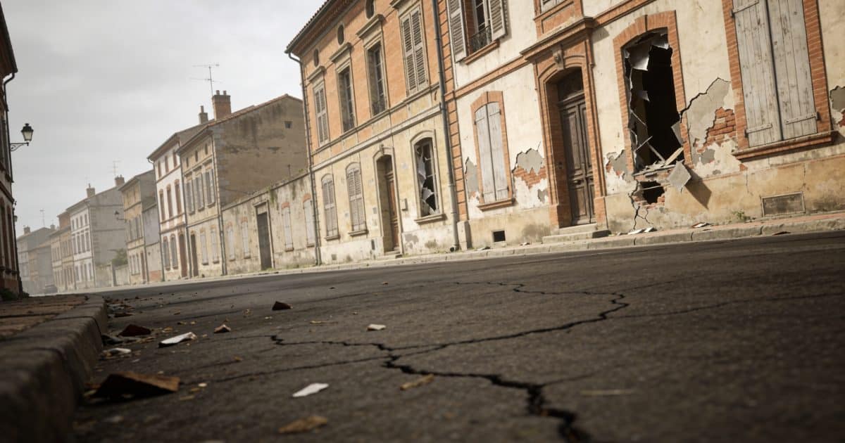 Rue urbaine déserte de Montauban avec bâtiments dégradés visibles.