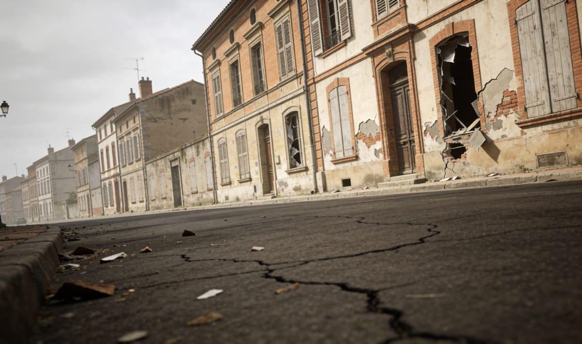 Rue urbaine déserte de Montauban avec bâtiments dégradés visibles.