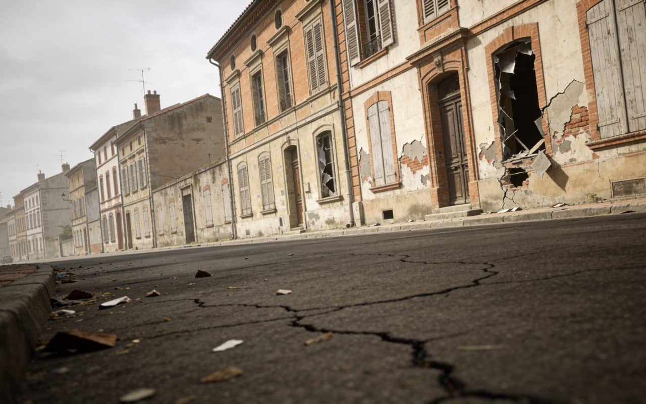 Rue urbaine déserte de Montauban avec bâtiments dégradés visibles.