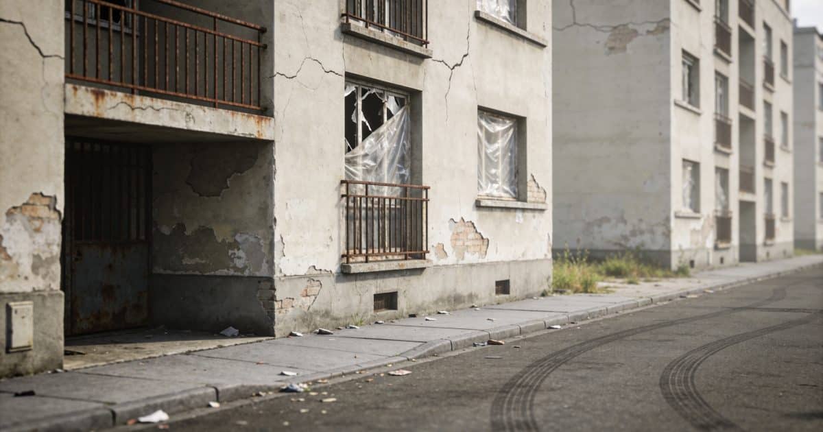 Rue urbaine de Nanterre avec immeubles résidentiels dégradés.