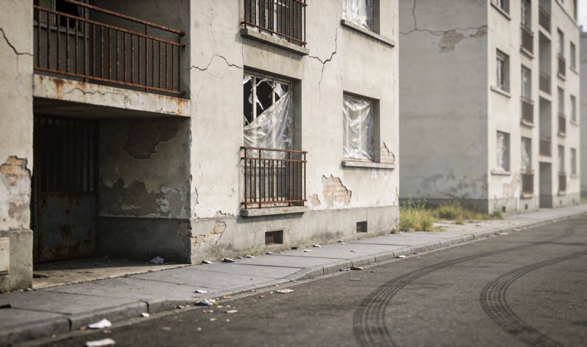 Rue urbaine de Nanterre avec immeubles résidentiels dégradés.