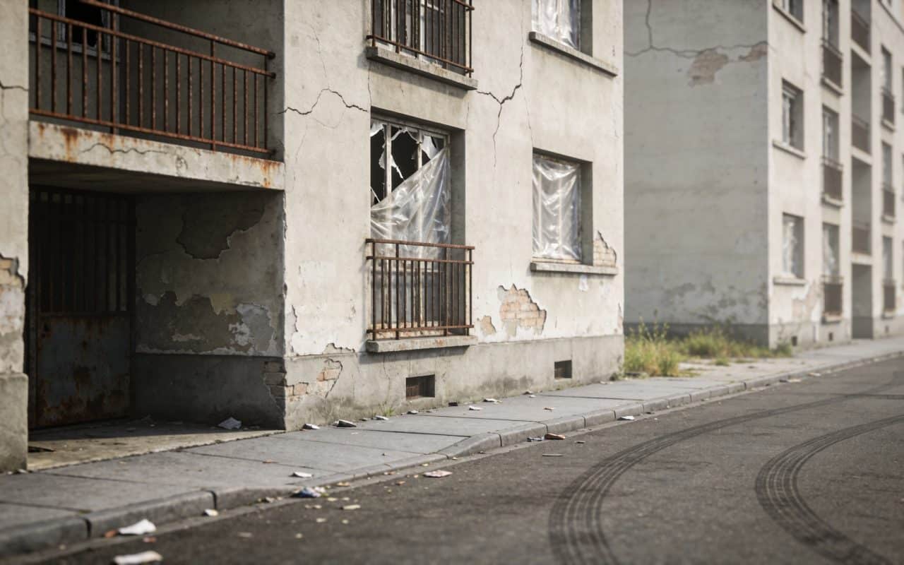 Rue urbaine de Nanterre avec immeubles résidentiels dégradés.