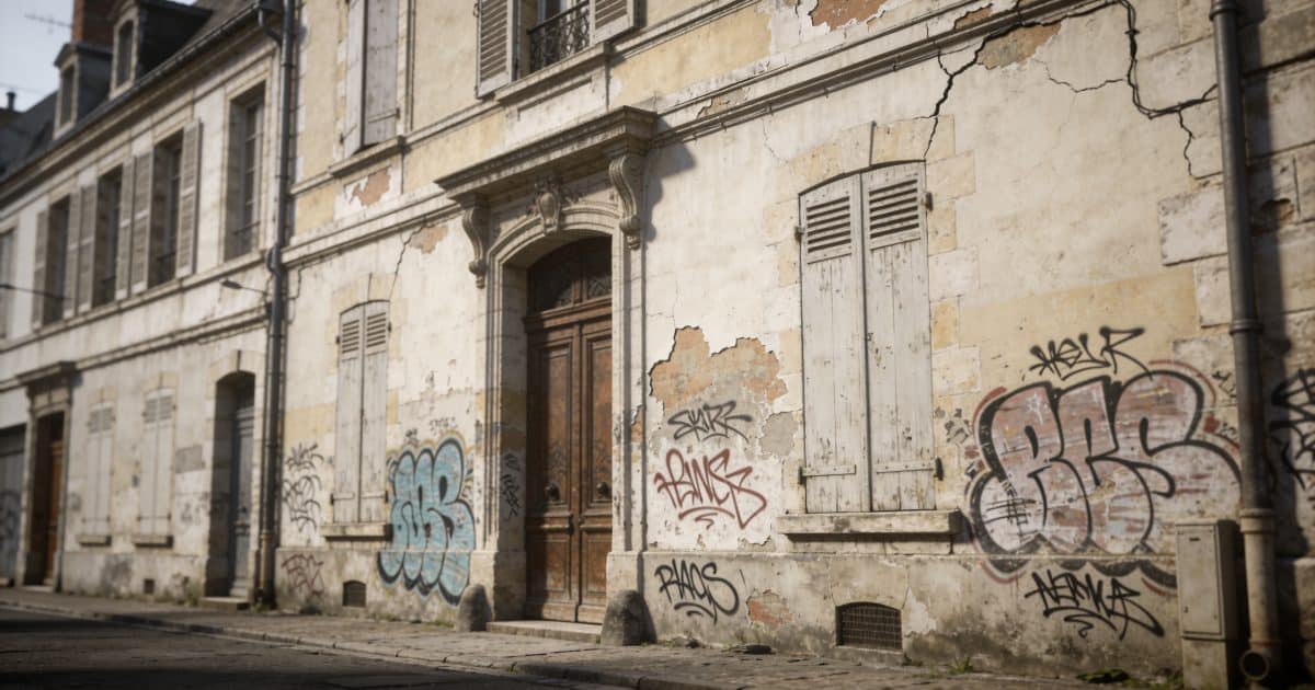 Rues desertes de Blois avec facades usees et graffitis