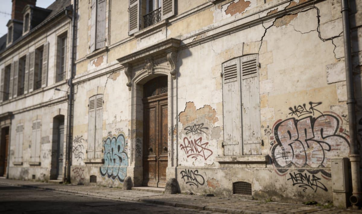 Rues desertes de Blois avec facades usees et graffitis