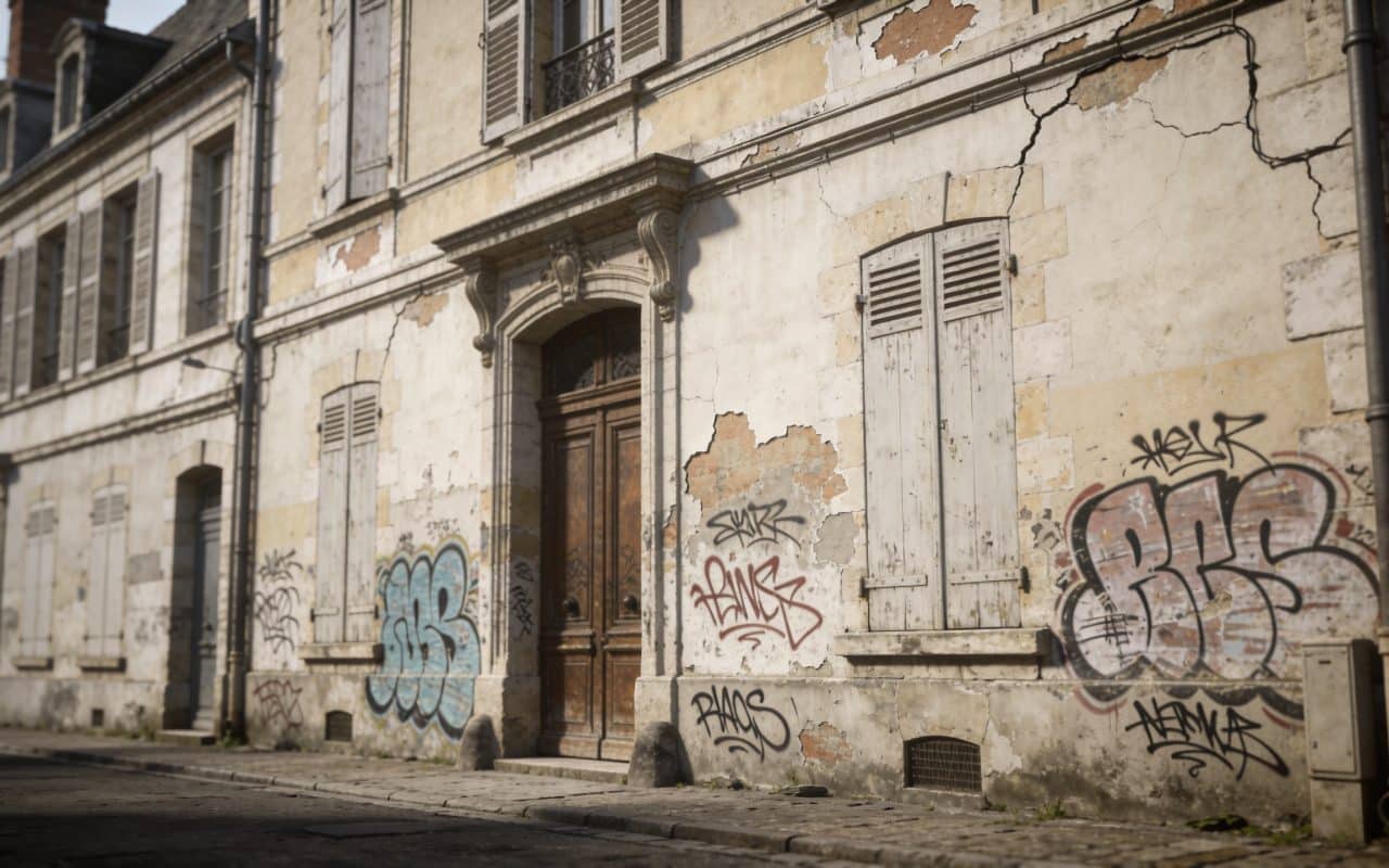 Rues desertes de Blois avec facades usees et graffitis