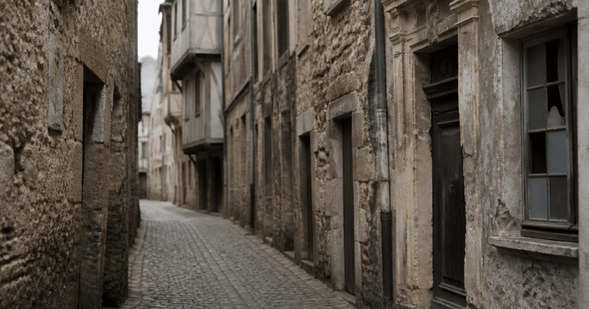Rues étroites médiévales avec façades anciennes délabres.
