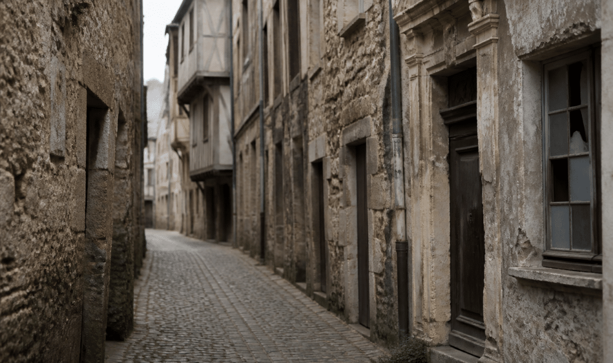 Rues étroites médiévales avec façades anciennes délabres.