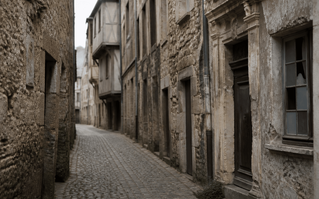 Rues étroites médiévales avec façades anciennes délabres.