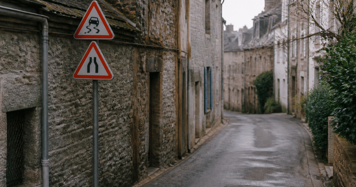 Rues étroites d'une ville bretonne, panneaux d'avertissement visibles.