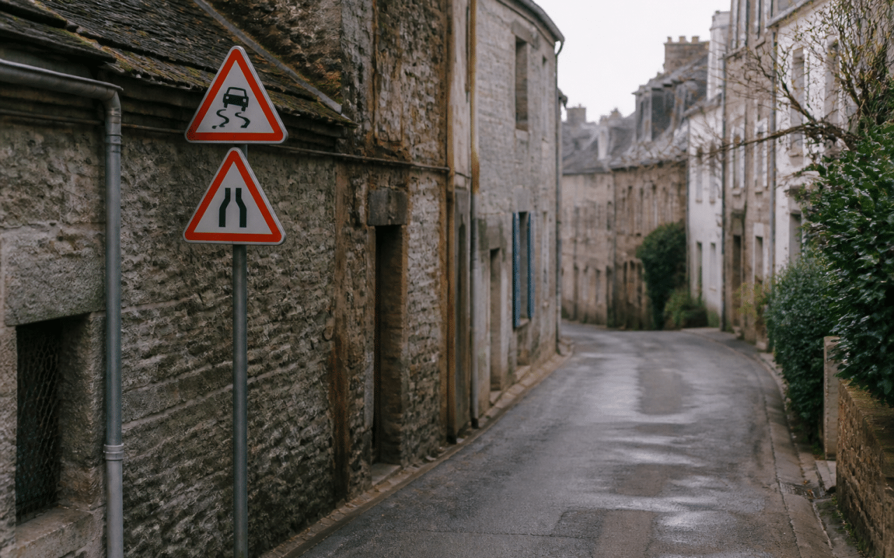 Rues étroites d'une ville bretonne, panneaux d'avertissement visibles.