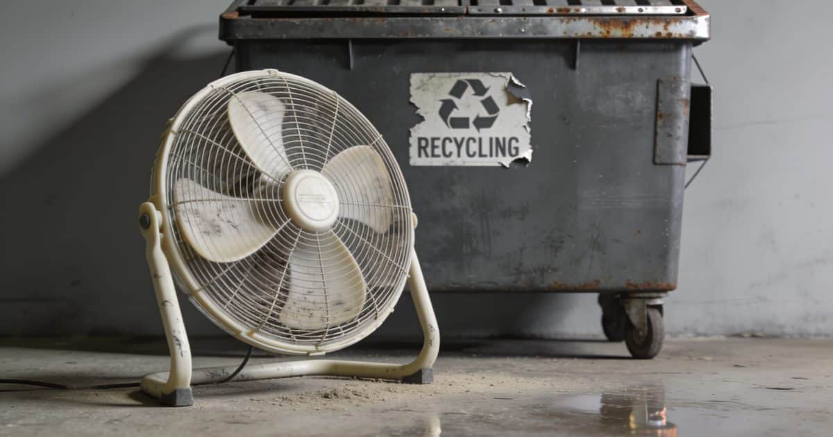 Ventilateur usagé posé sur sol devant benne recyclage