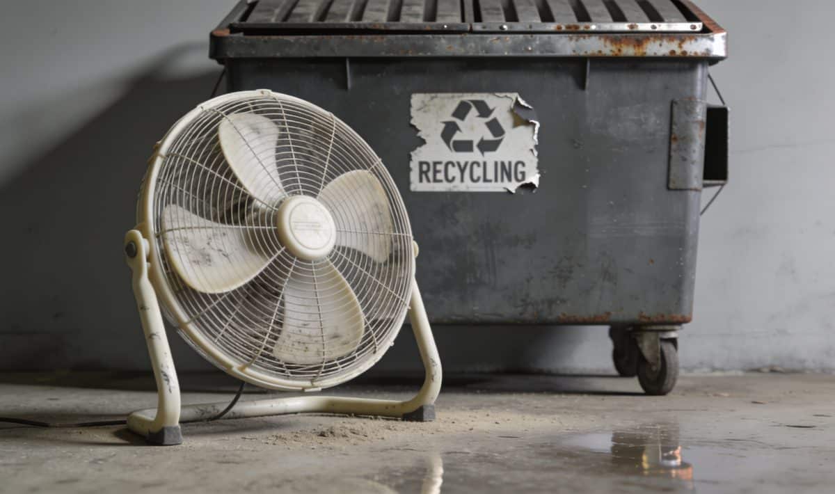 Ventilateur usagé posé sur sol devant benne recyclage