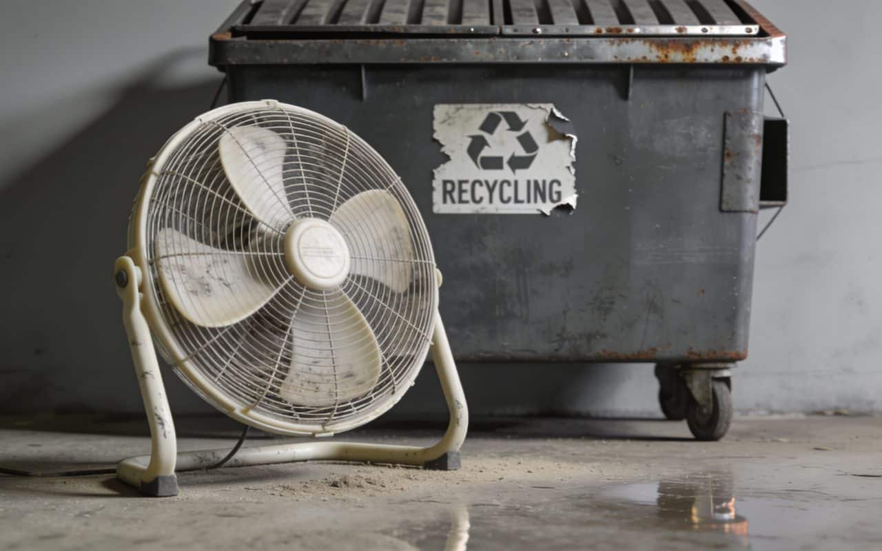 Ventilateur usagé posé sur sol devant benne recyclage