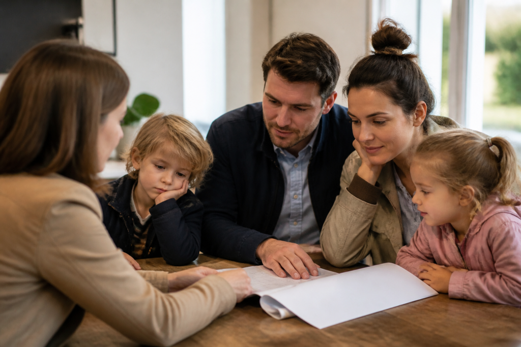 Famille enfants, couple jeune, documents immobiliers