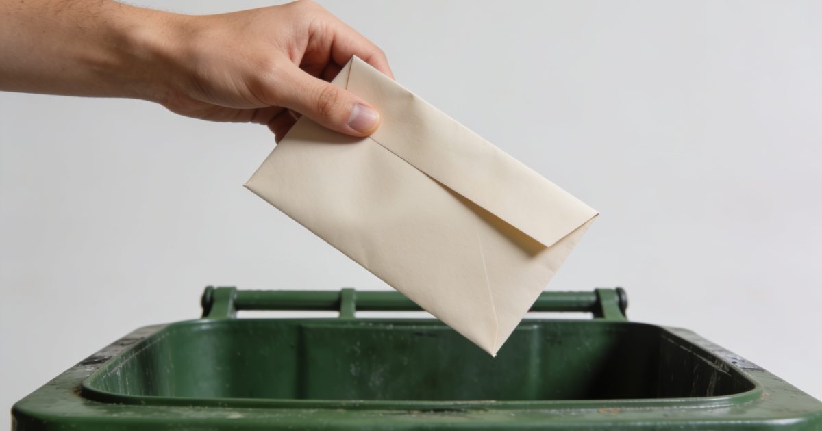 Une main tenant une enveloppe au-dessus d'une poubelle verte.
