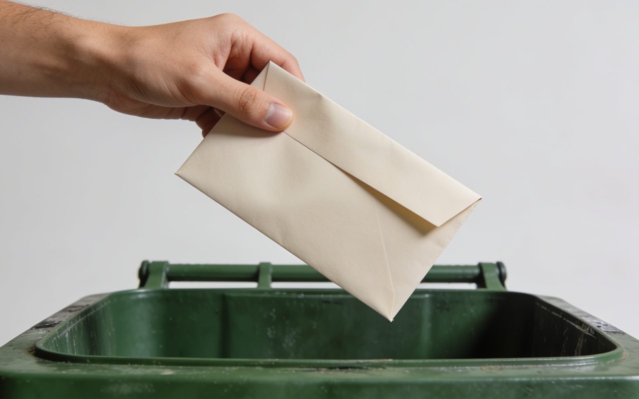Une main tenant une enveloppe au-dessus d'une poubelle verte.