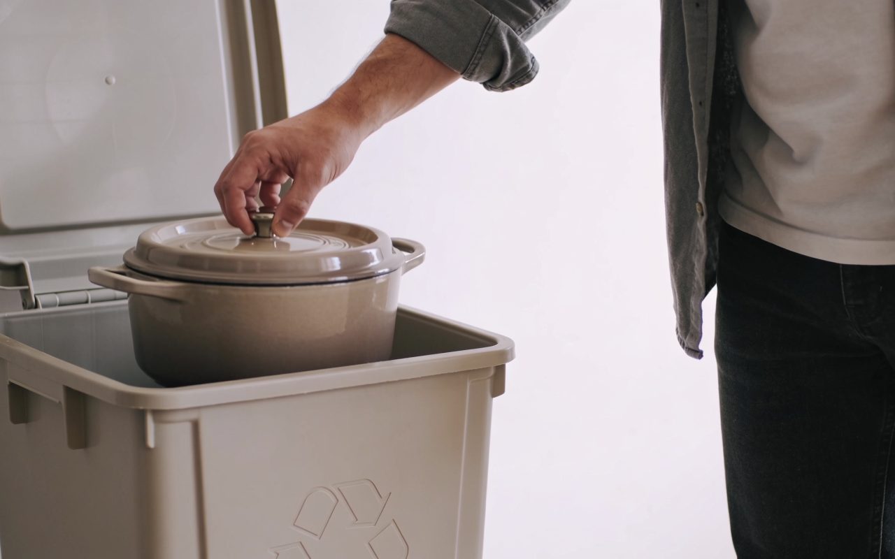 Personne deposant une cocotte dans bac recyclage