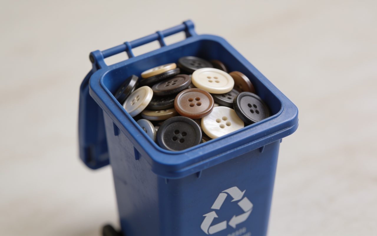 Petite pile bouton placee dans bac recyclage bleu.