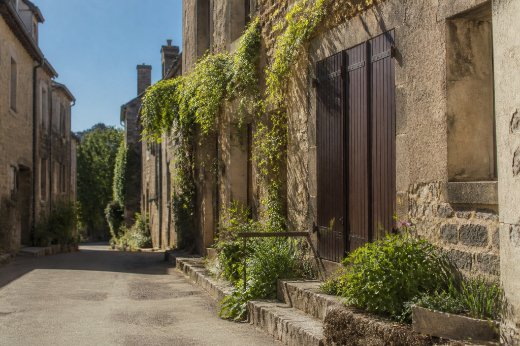 Rue de village avec petit commerce et maisons anciennes