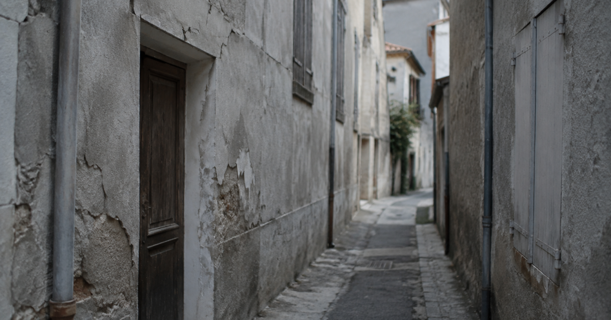 Ruelle etroite avec batiments gris facades fissurees fermees