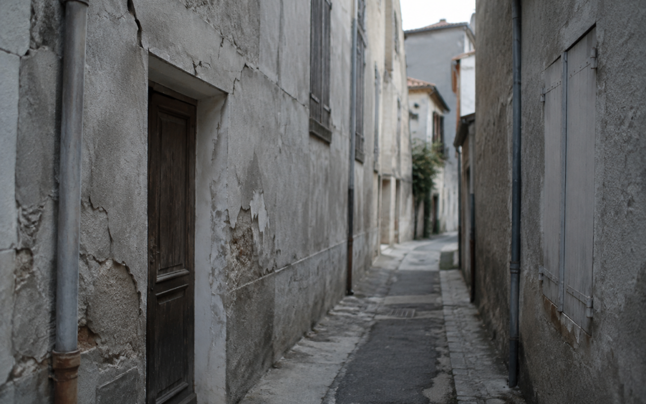 Ruelle etroite avec batiments gris facades fissurees fermees